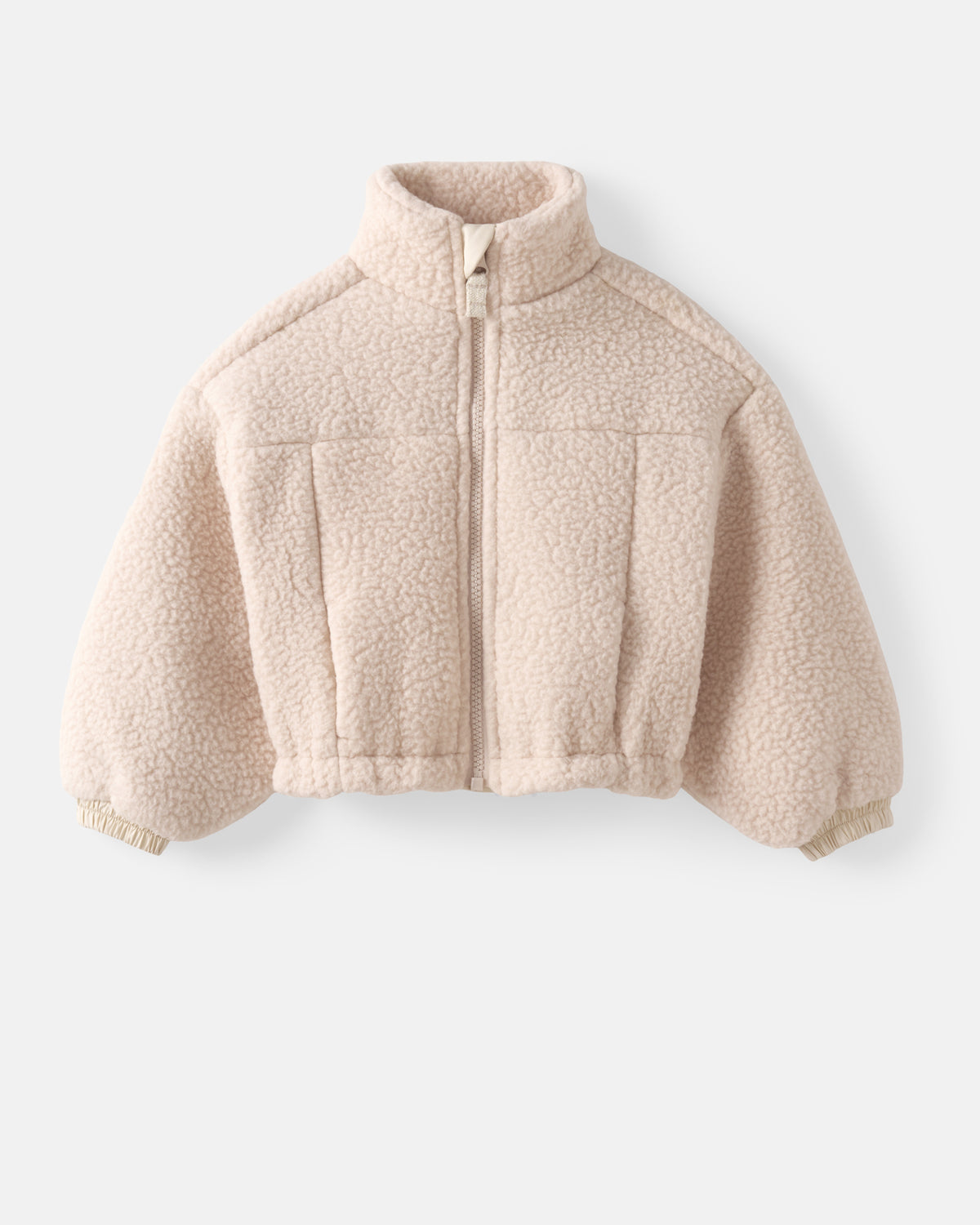 A cropped sherpa fleece jacket in a light beige color, featuring a full front zipper, a stand-up collar, and ribbed cuffs, shown against a light gray background.