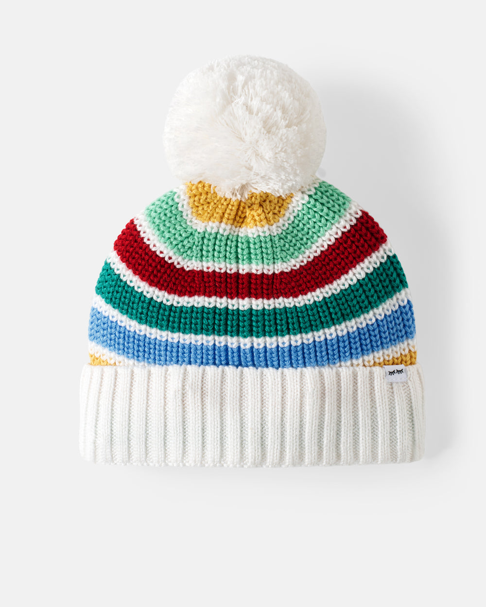 A multicolor striped knit beanie with a fluffy white pom-pom on top and a ribbed white cuff, shown against a light gray background.