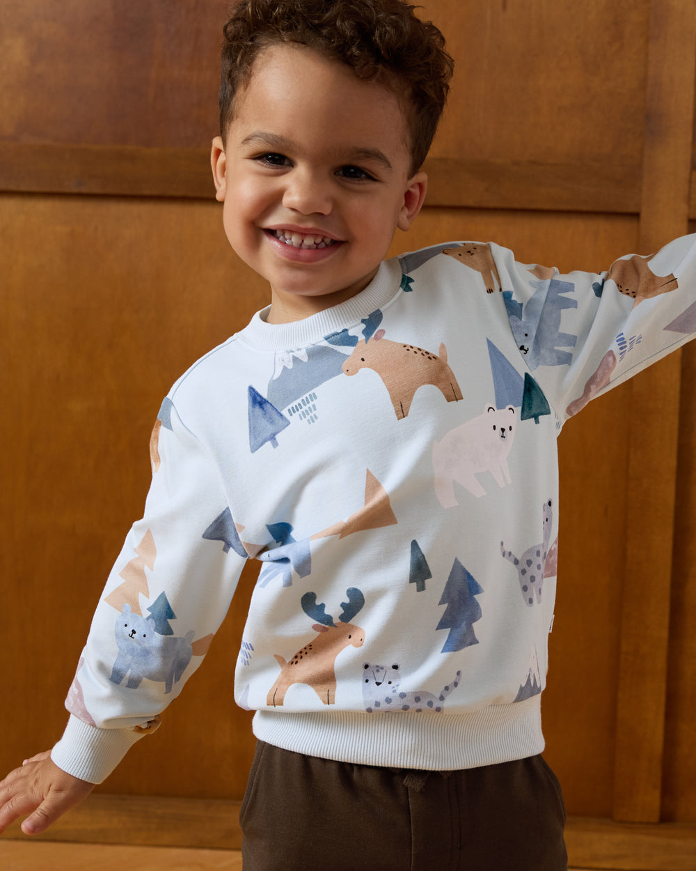 Posing boy wearing the Alpine Explorers Crewneck Sweatshirt on a brown background