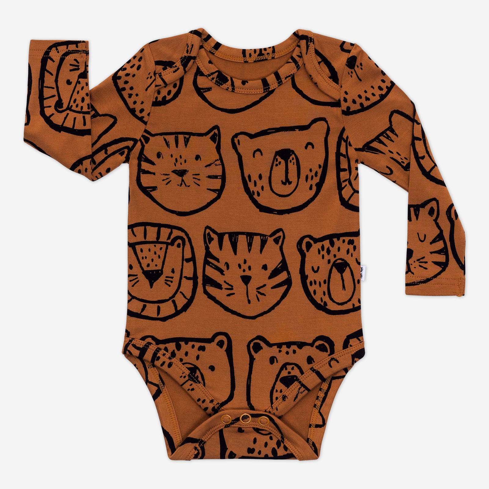 Flat lay of an Amber Lions, Tigers & Bears baby bodysuit with long sleeves and black animal illustrations