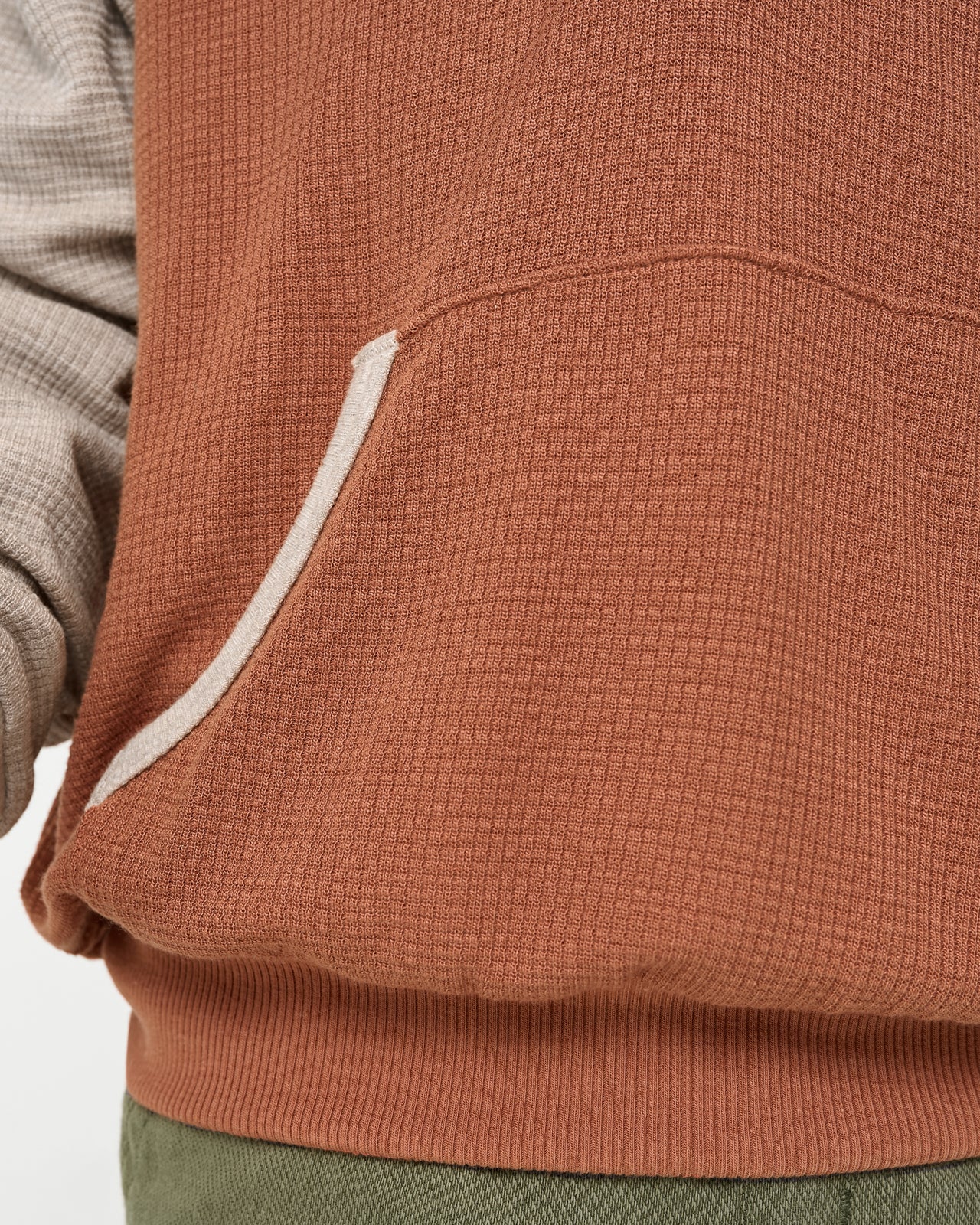Close up of the waffle detail on the Autumn Spice Waffle Henley Hoodie
