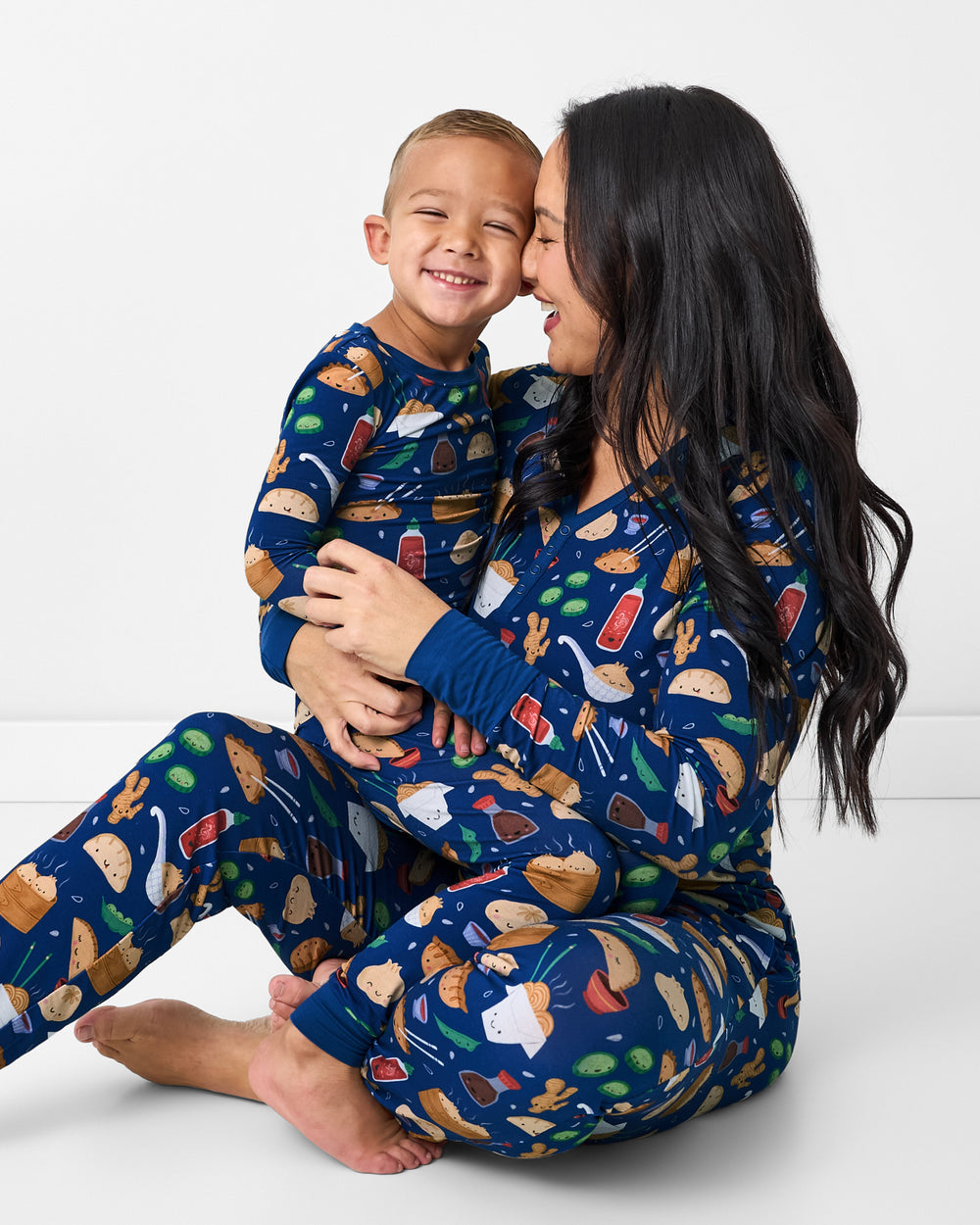 Mother and son wearing matching Bao Buddies bamboo pajamas