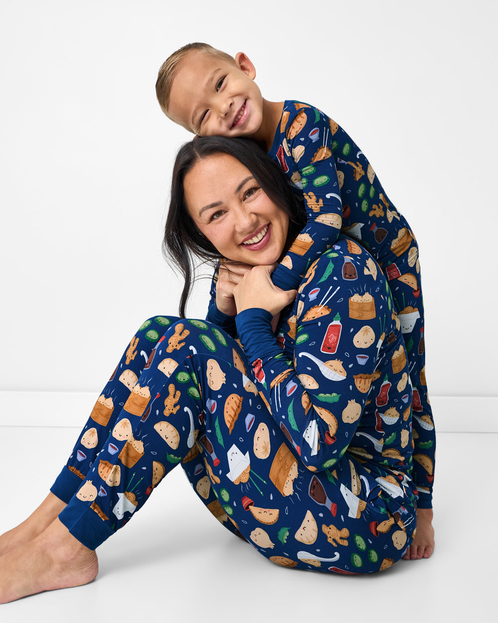 Mother and son wearing matching Bao Buddies bamboo pajamas