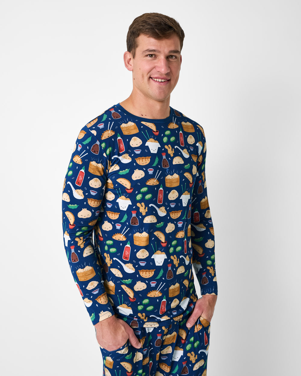 Man wearing the Bao Buddies Men's Long Sleeve Pajama Top