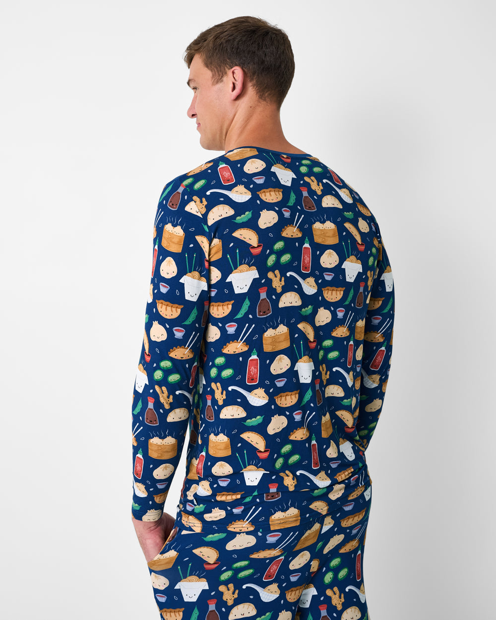 Back view of man wearing the Bao Buddies Men's Long Sleeve Pajama Top