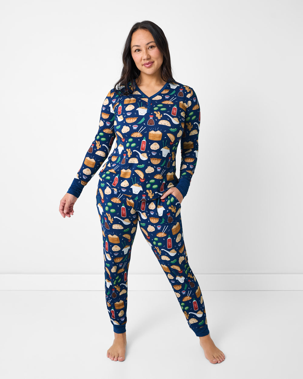 Woman wearing the Bao Buddies Women's Pajama Pants and Top