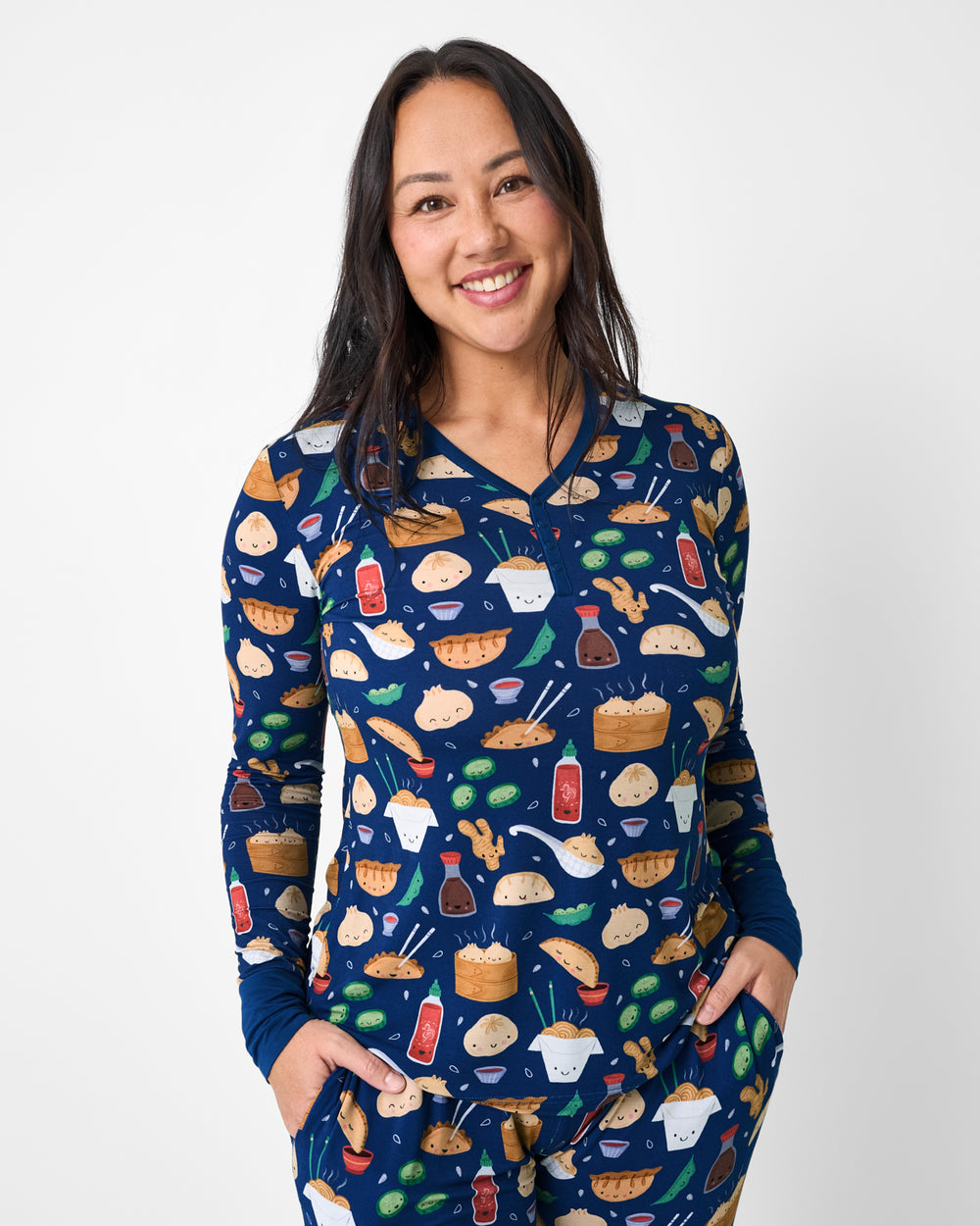 Woman wearing the Bao Buddies Women's Long Sleeve Pajama Top