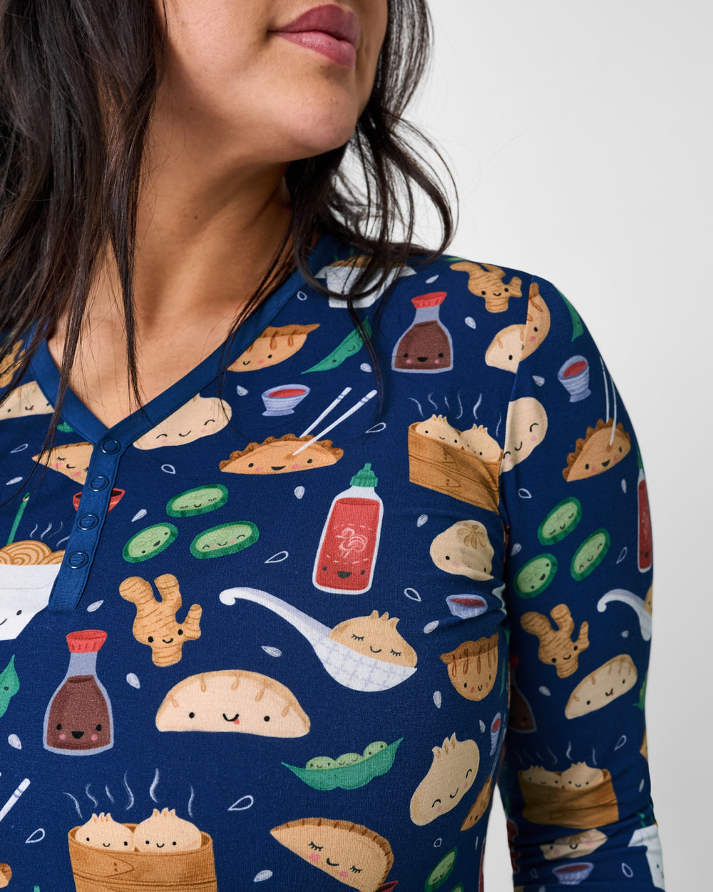 Close up of the henley button detail on the Bao Buddies Women's Long Sleeve Pajama Top