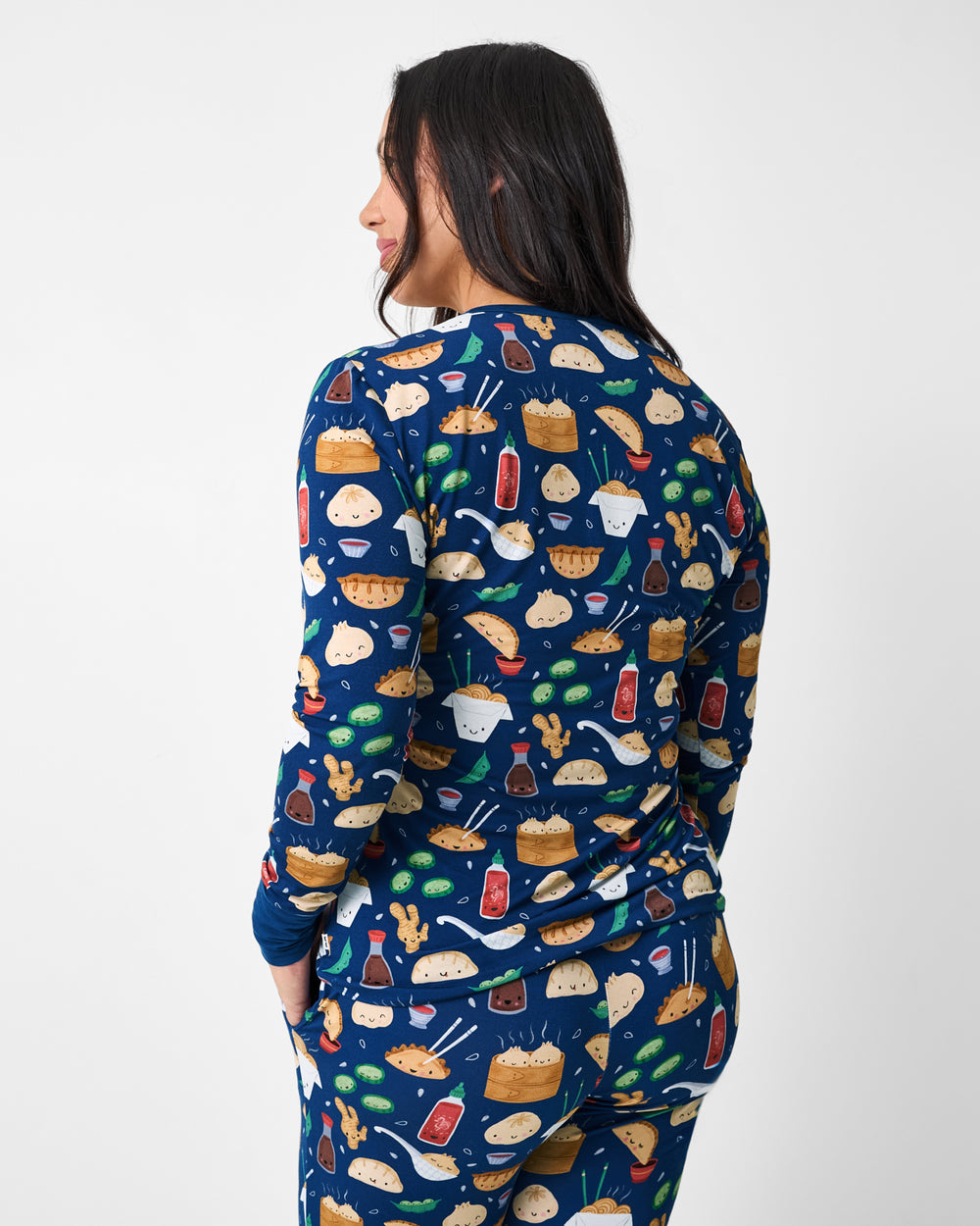 Back view of woman wearing the Bao Buddies Women's Long Sleeve Pajama Top