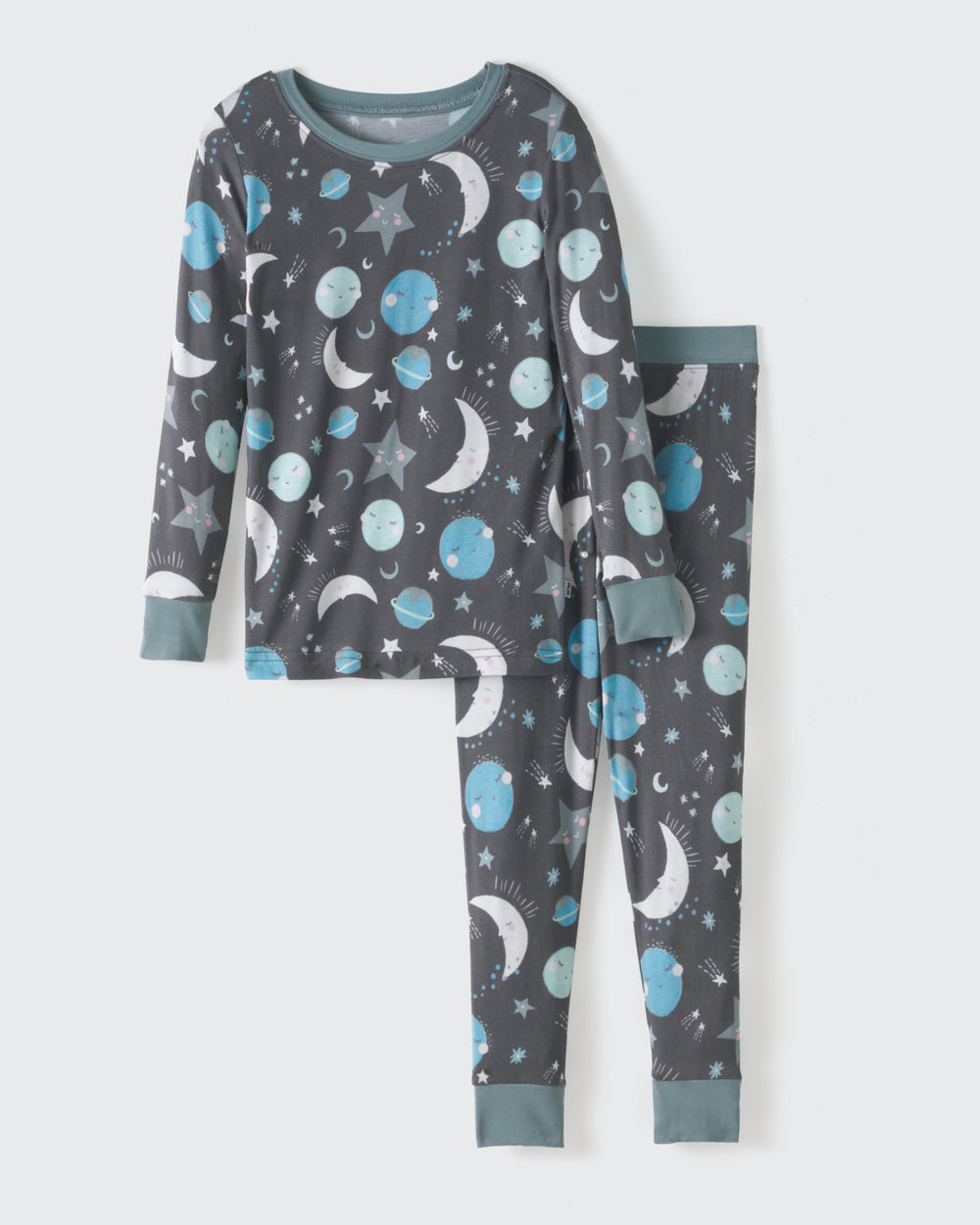 Flat lay of the Blue To the Moon & Back Two-Piece Pajama Set