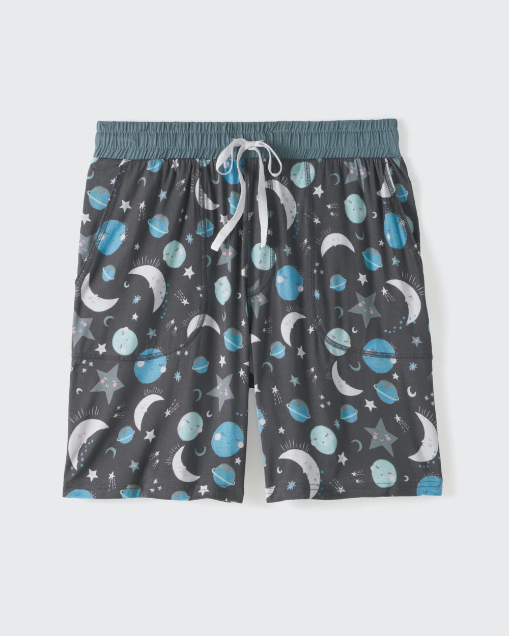Flat lay of the Blue To the Moon & Back Men's Bamboo Viscose Pajama Shorts