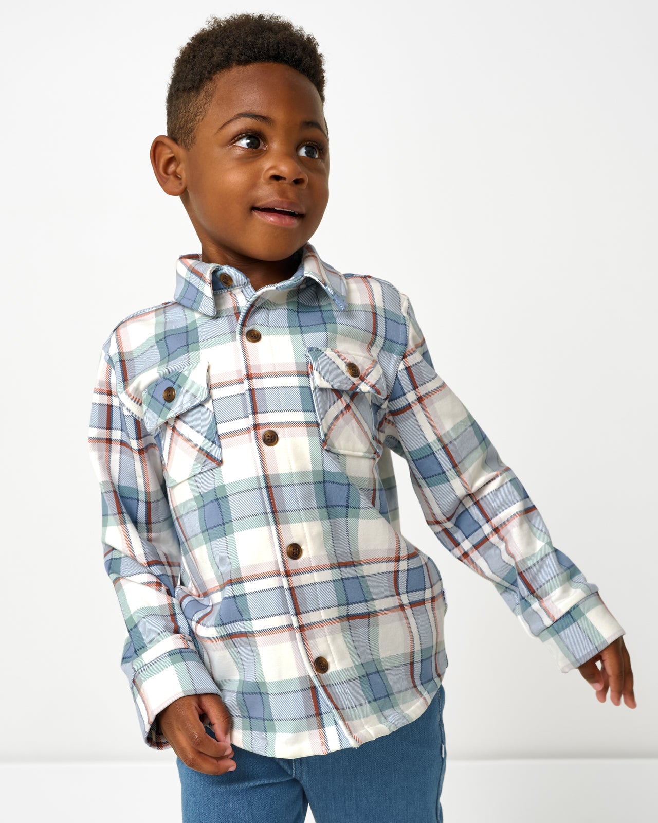Alternate boy wearing the Blue Ridge Plaid Shacket with denim pants