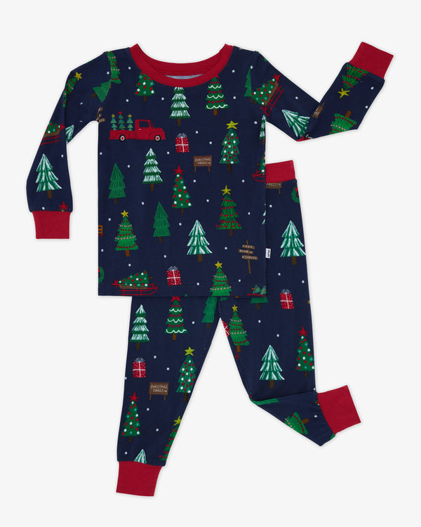 Flat lay of the Navy Tree Traffic Two-Piece Pajama Set