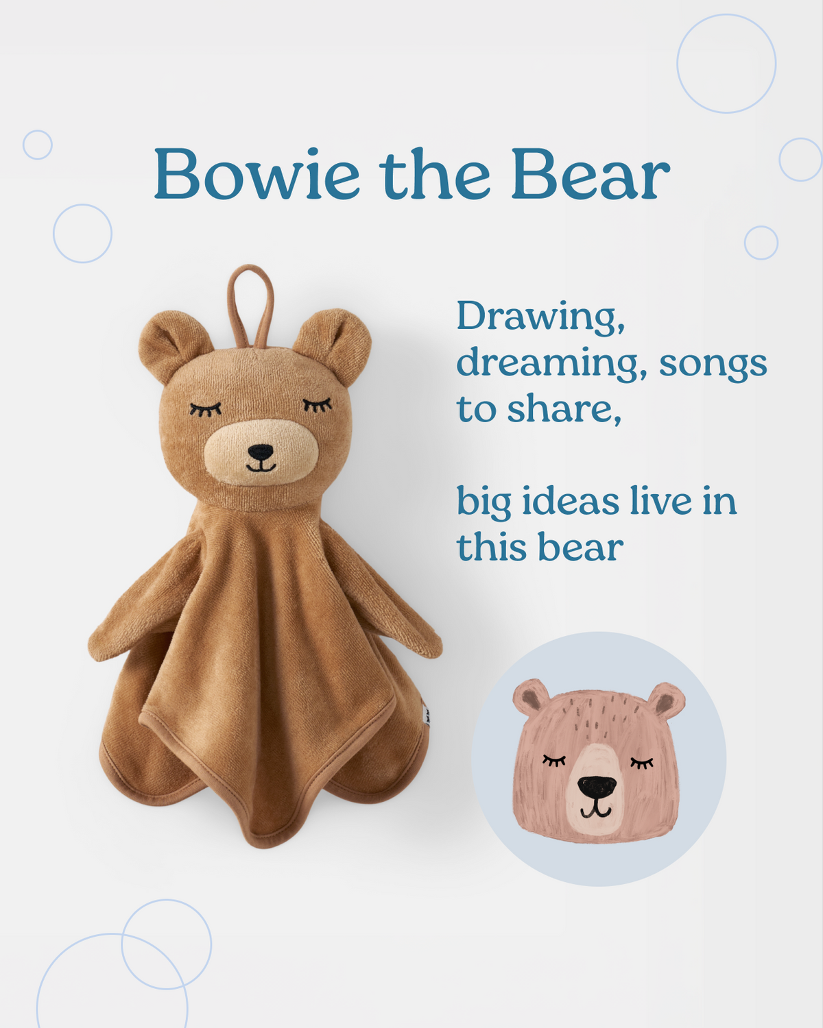 Bowie the Bear soft toy comforter in a warm brown color, featuring a plush bear head with closed eyes and a matching square comforter. The image includes descriptive text on a light background with faint blue circles.