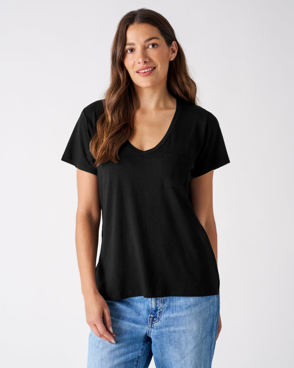 Woman wearing the Black Women's Perfect Pocket Tee