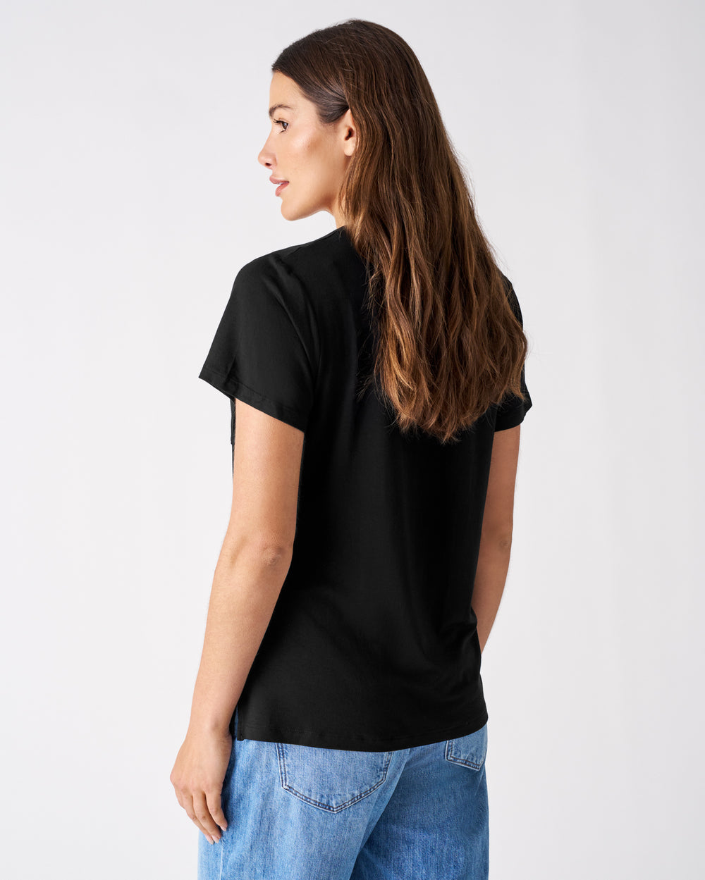 Back view of woman wearing the Black Women's Perfect Pocket Tee