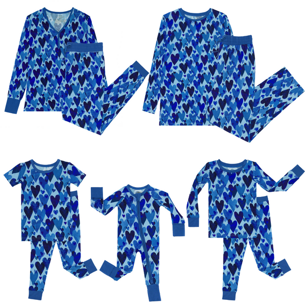 flat lay composite of a Blue Hearts & Crafts zippy, two-piece pajama set, two-piece short sleeve pajama set, women's pajamas, and men's pajamas