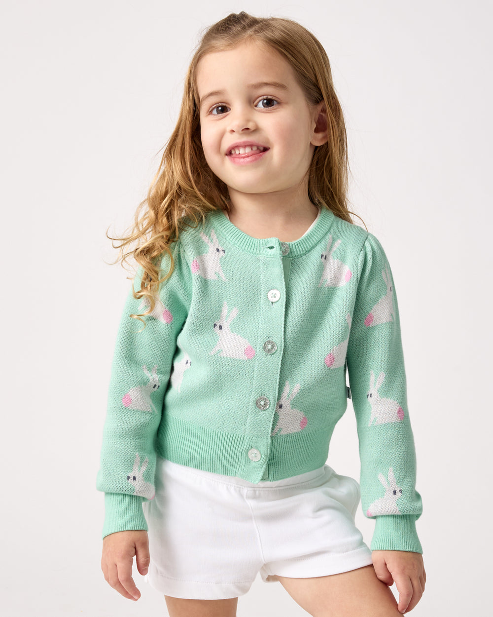 Alternate child wearing the Blush Bunnies Puff Sleeve Cardigan Sweater