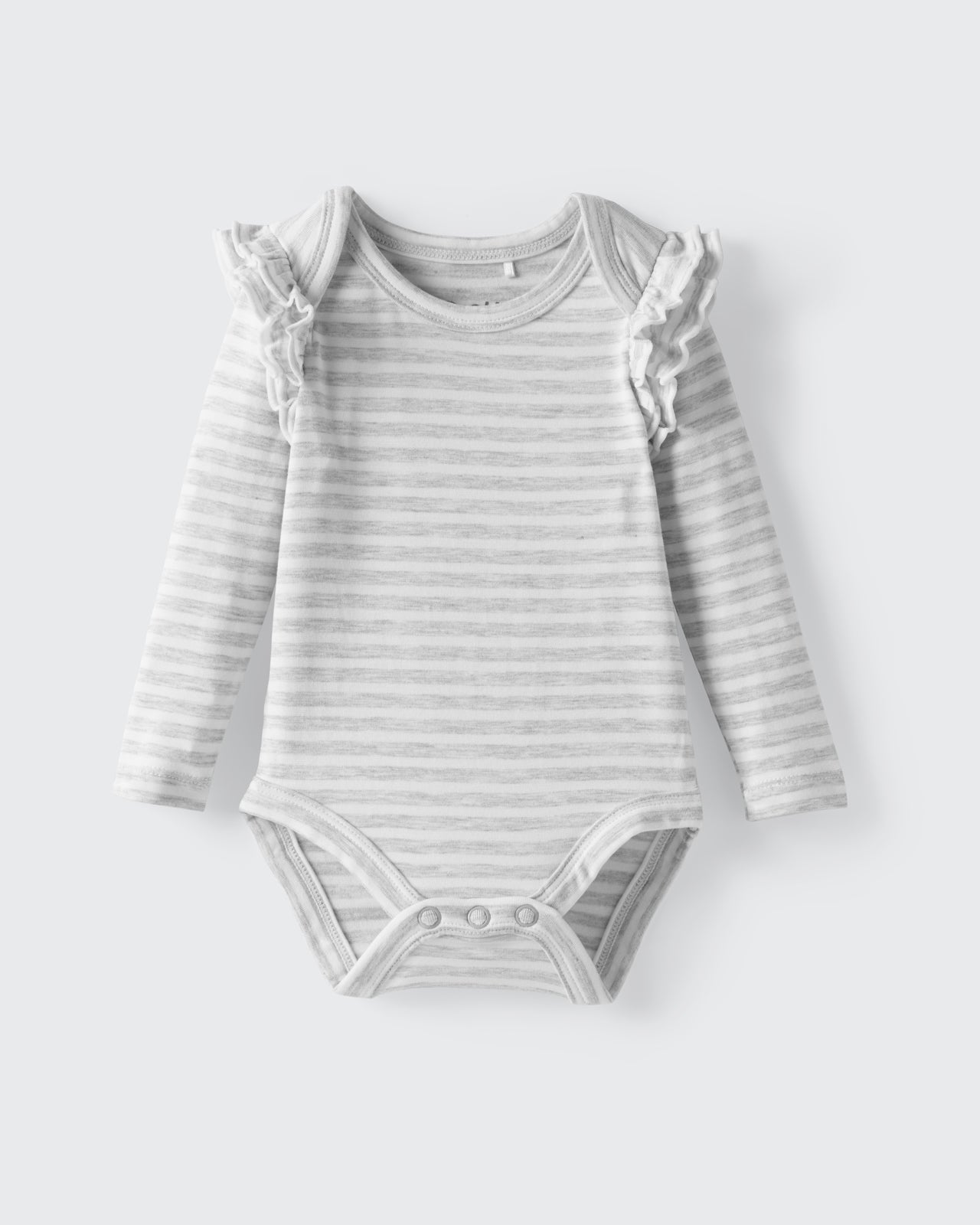 Flat lay of the Light Heather Gray Stripe Flutter Bodysuit