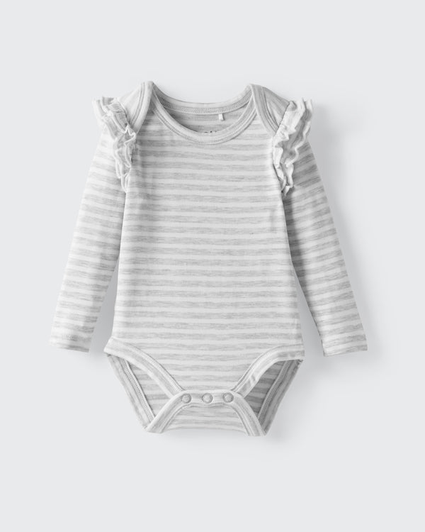 Flat lay of the Light Heather Gray Stripe Flutter Bodysuit