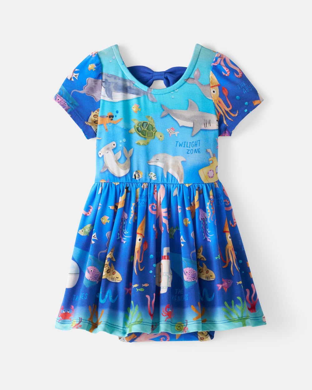 Flat lay of the front of the Underwater Discovery Bow Back Skater Dress with Bodysuit