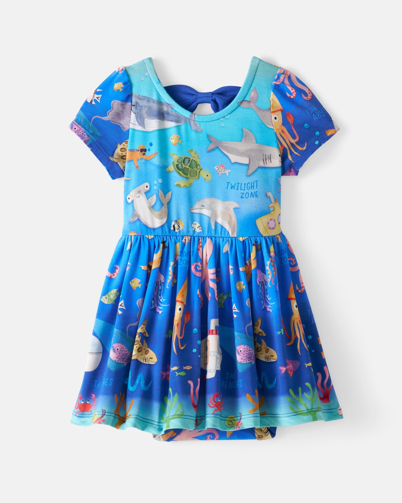 Flat lay of the front of the Underwater Discovery Bow Back Skater Dress with Bodysuit