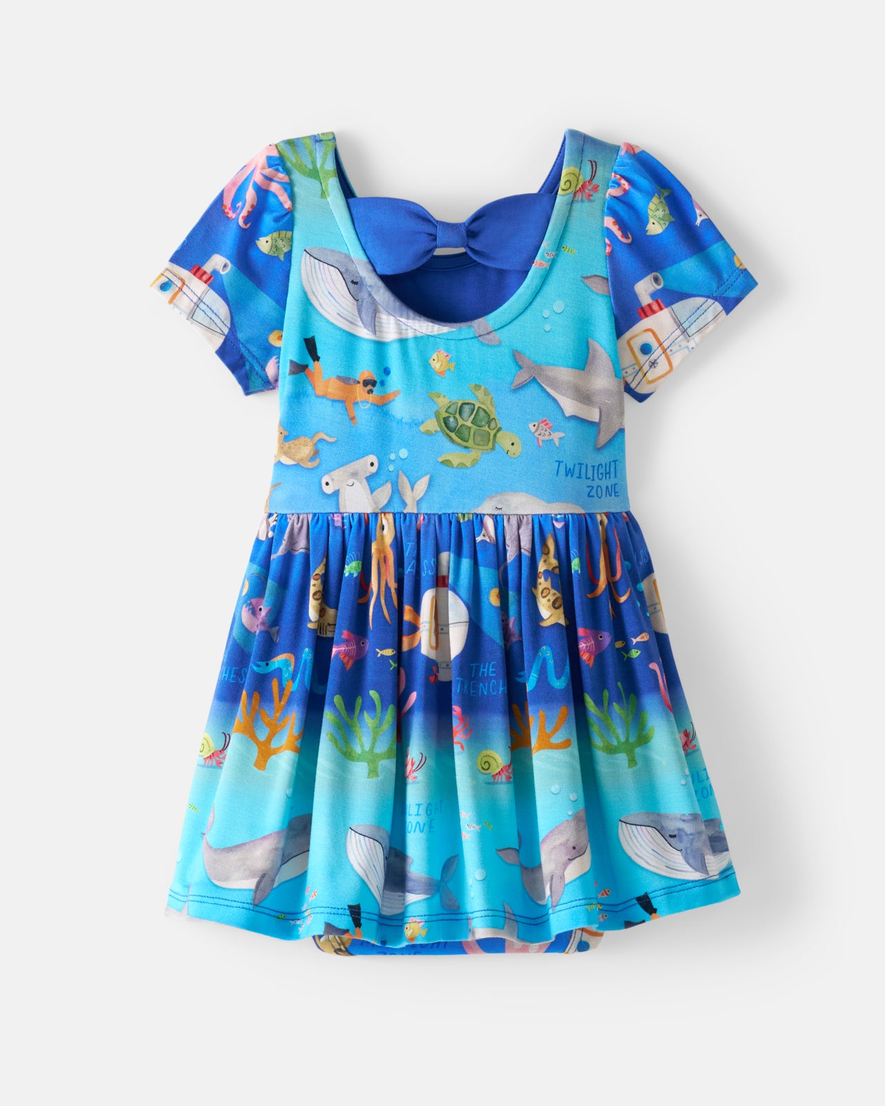 Flat lay of the back of the Underwater Discovery Bow Back Skater Dress with Bodysuit