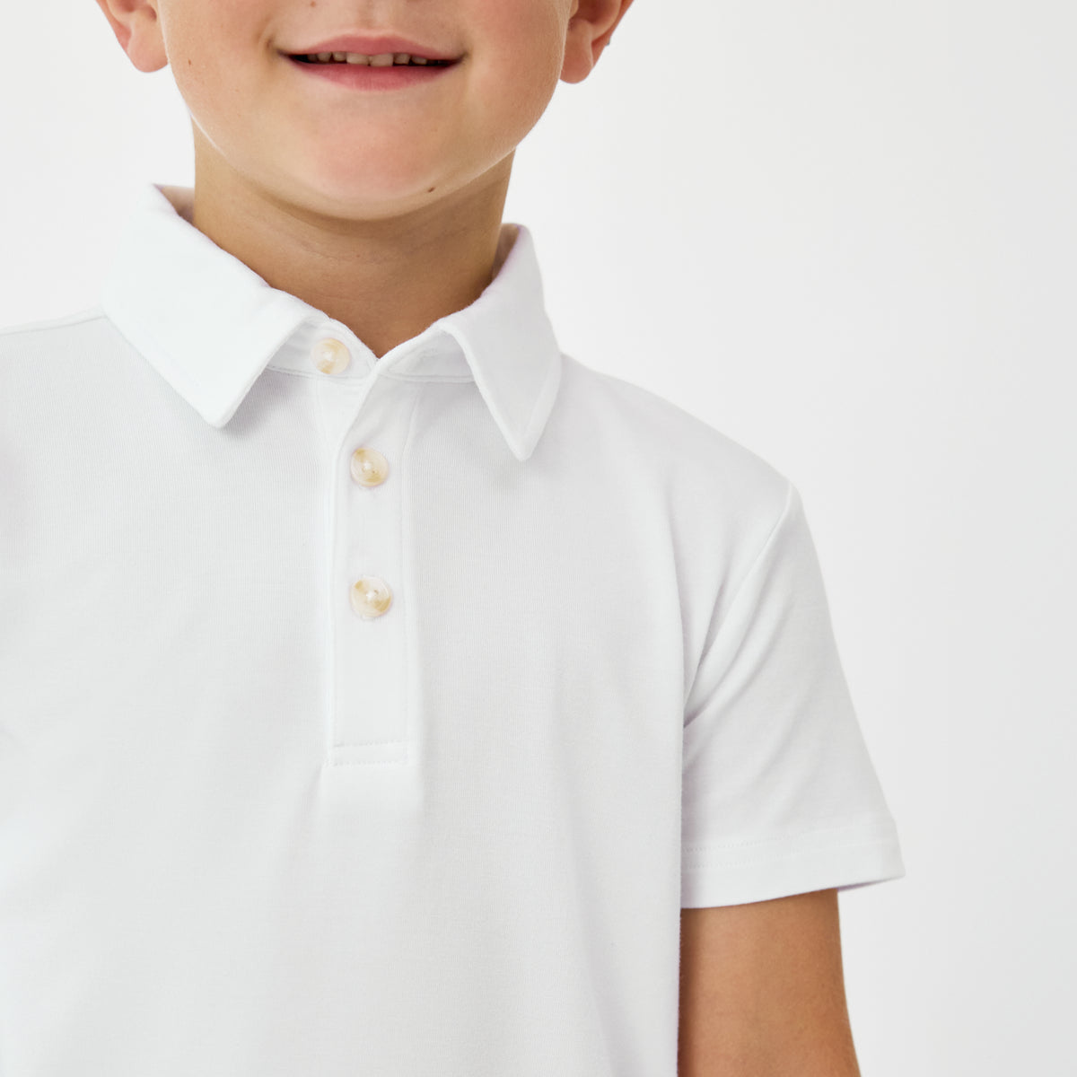 Close up of the collar detail on the Bright White Polo Shirt