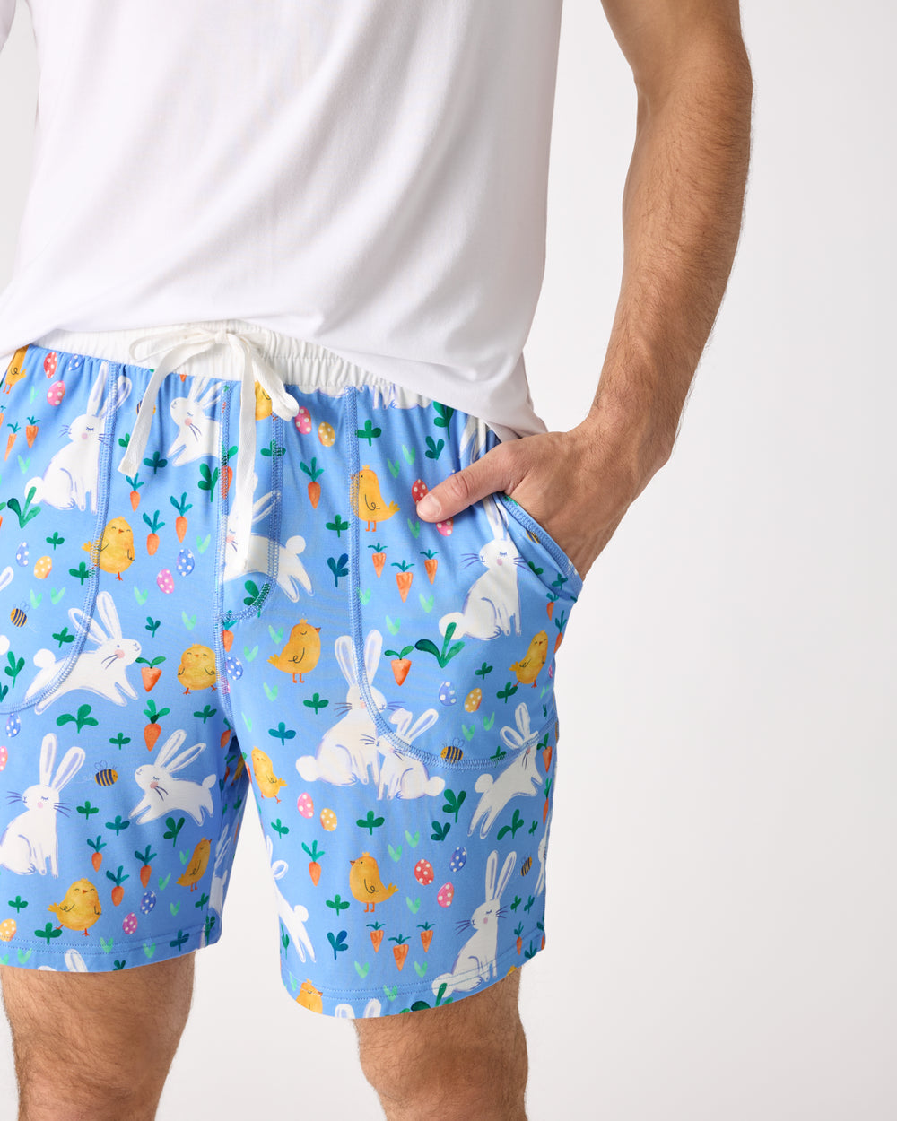 Close up of man wearing the Bunny Patch Men's Pajama Shorts