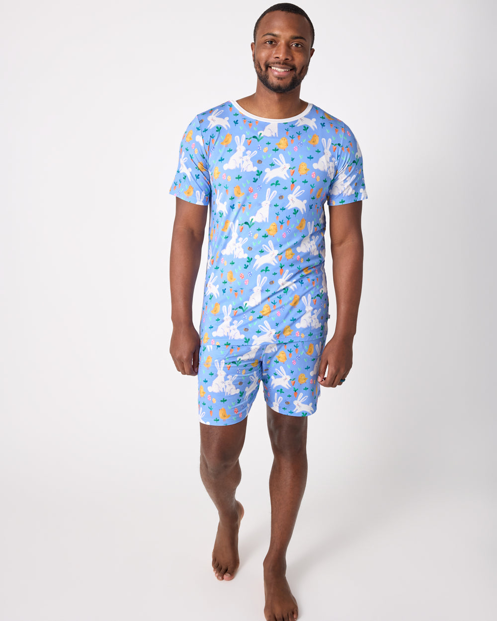 Man wearing the Bunny Patch Men's Pajama Shorts and Shirt