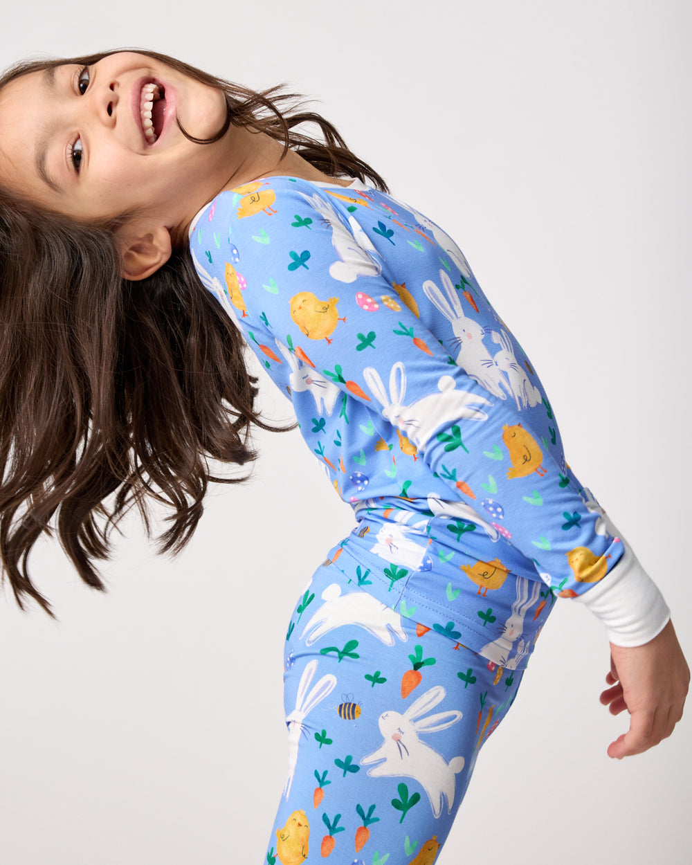 Close up of girl wearing the Bunny Patch Two-Piece Pajama Set
