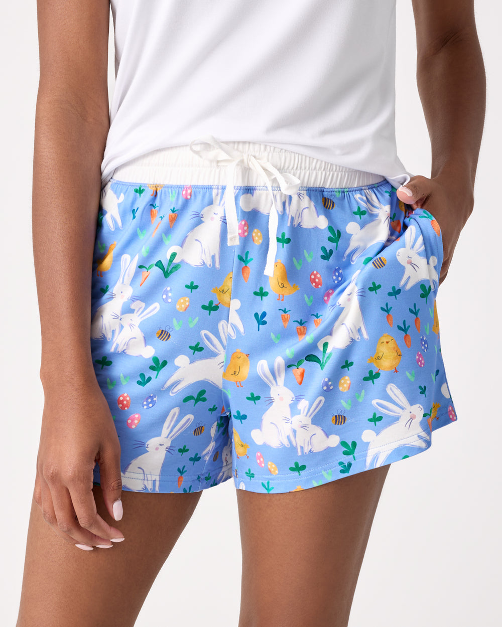 Close up of woman wearing the Bunny Patch Women's Pajama Shorts