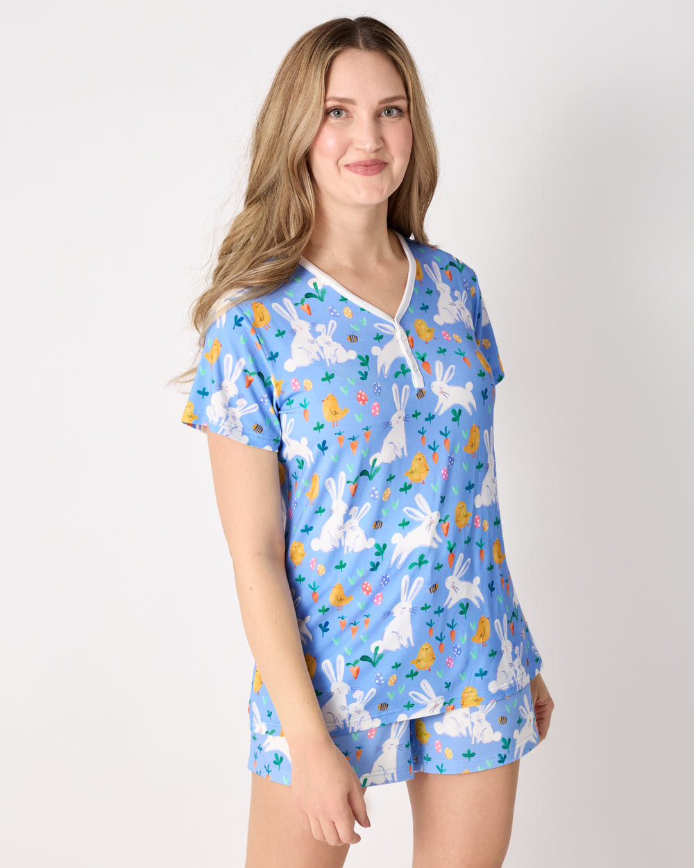 Woman wearing the Bunny Patch Women's Short Sleeve Pajama Top