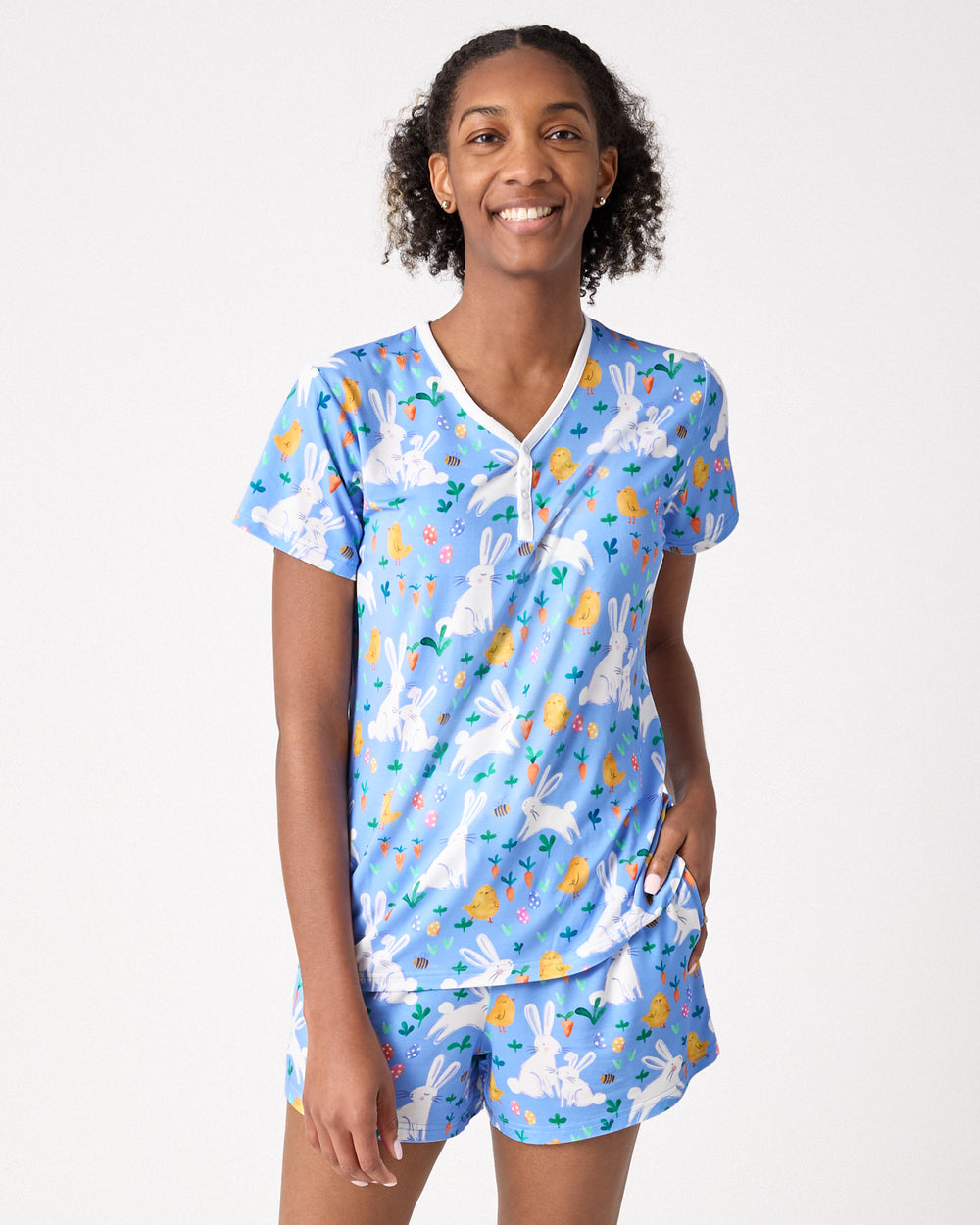Woman wearing the Bunny Patch Women's Pajama Shorts and Top