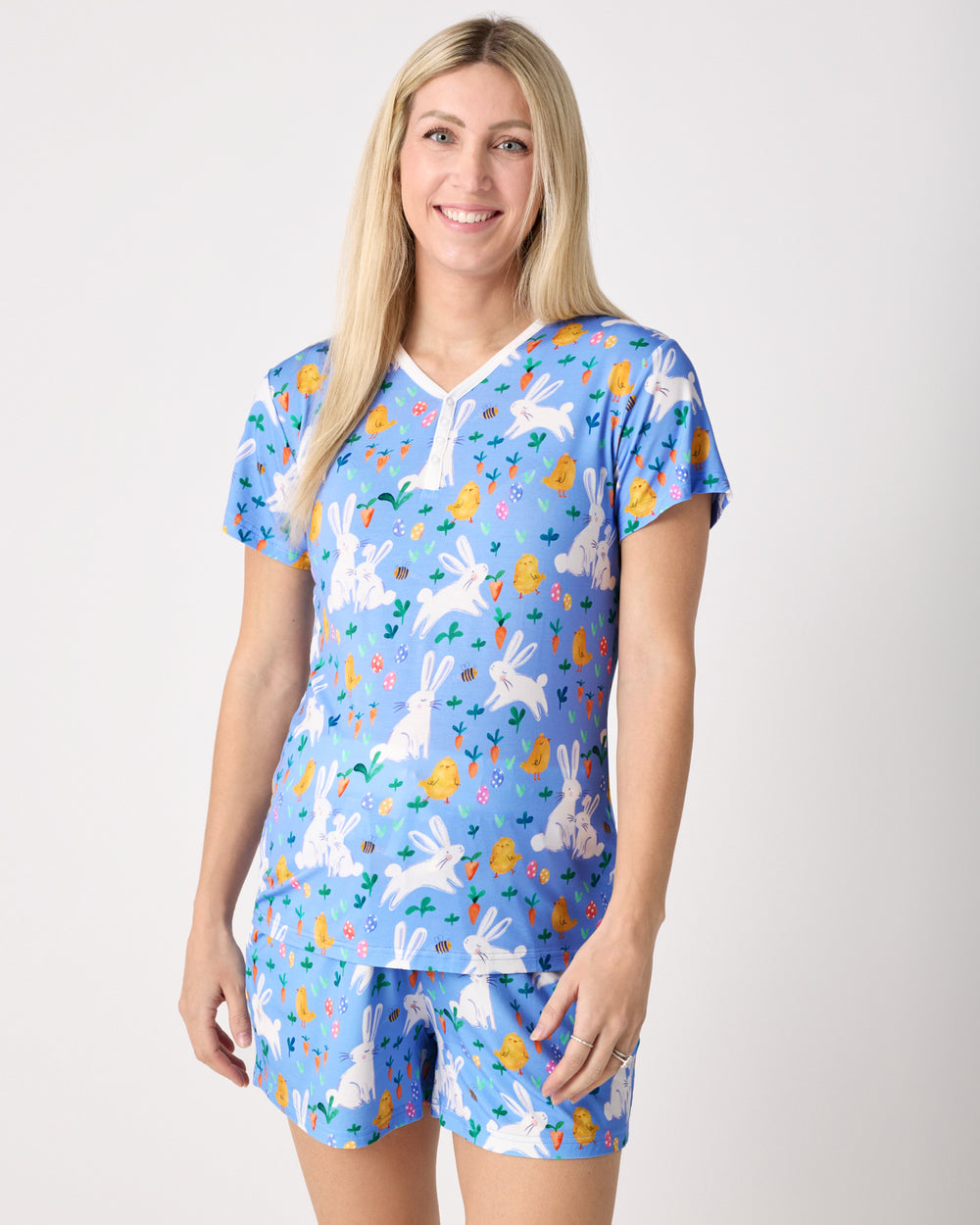 Alternate woman wearing the Bunny Patch Women's Short Sleeve Pajama Top and Shorts
