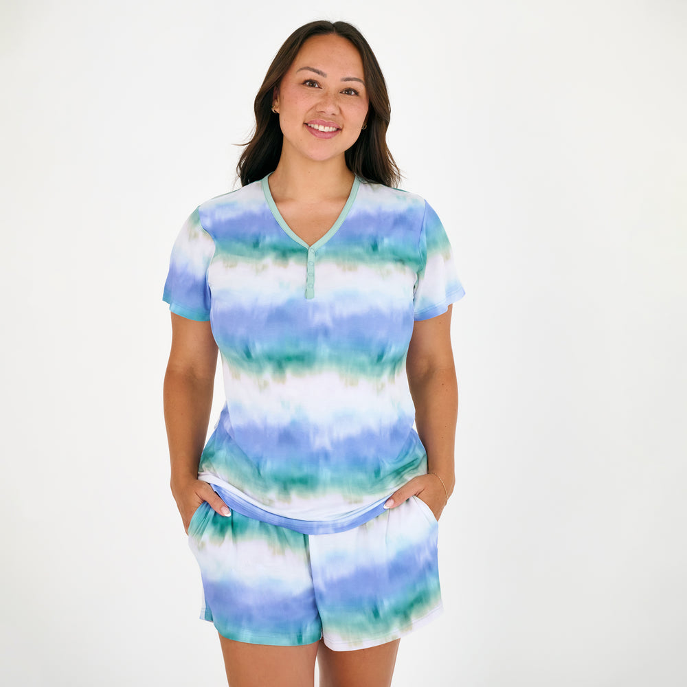 Close up of standing woman wearing the Blue Cosmic Mist Women's Pajama Shorts