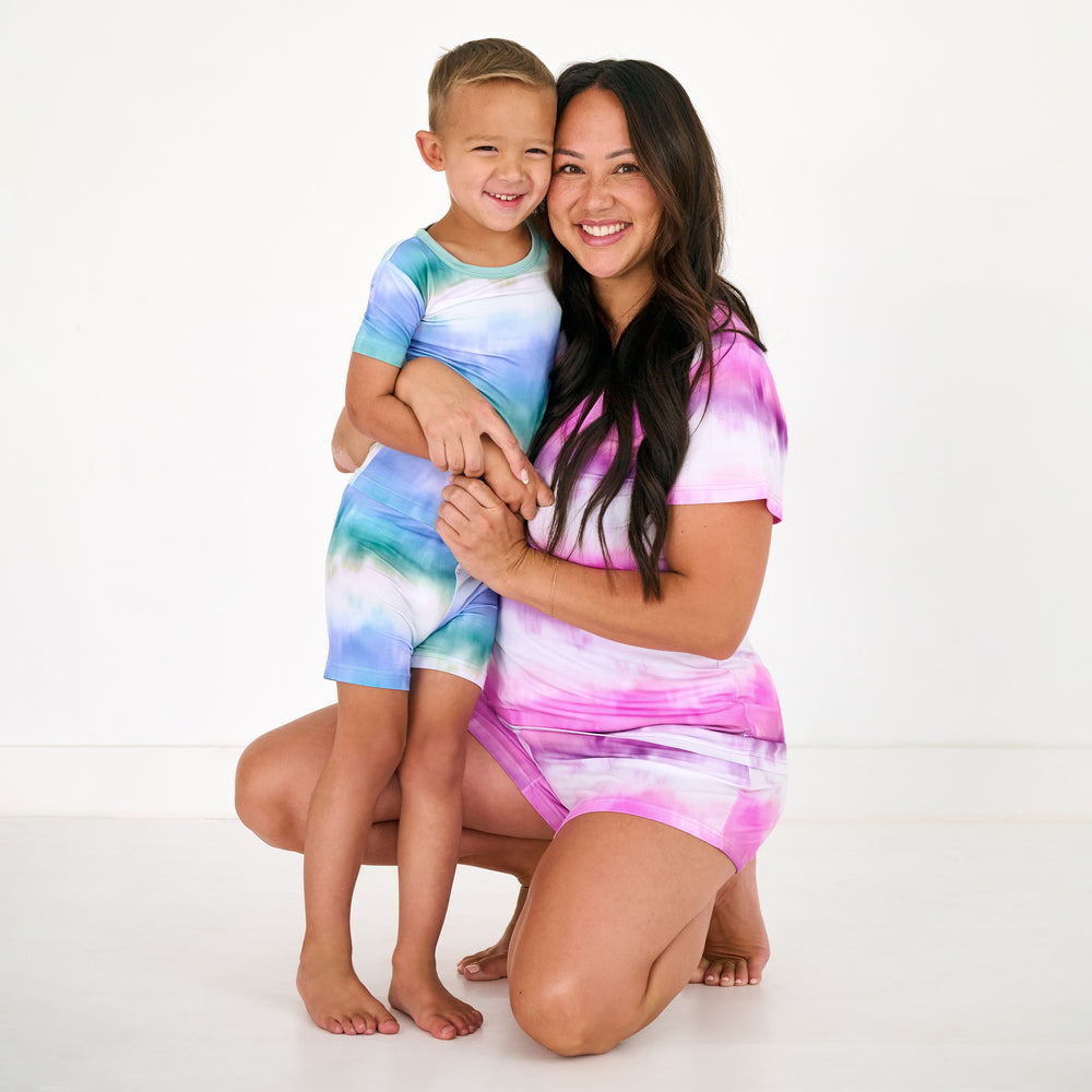 Mother and son wearing matching Cosmic Mist bamboo pajamas