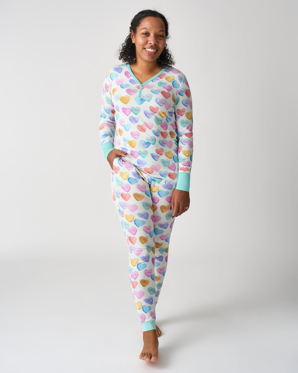 Women wearing the Candy Cuties Women's Long Sleeve Pajama Top and Pants