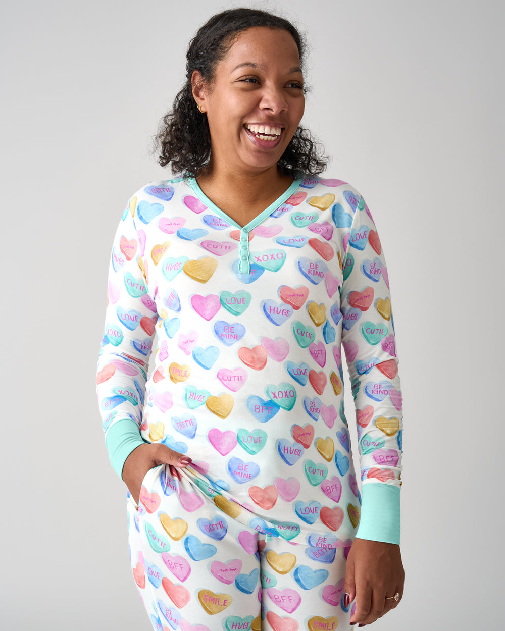 Woman wearing the Candy Cuties Women's Long Sleeve Pajama Top
