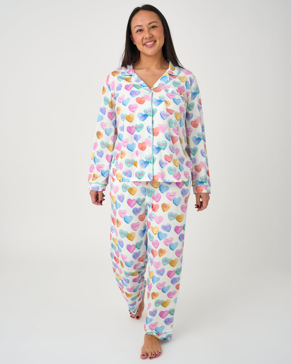 Woman wearing the Candy Cuties Women's Long Sleeve Pajama Set