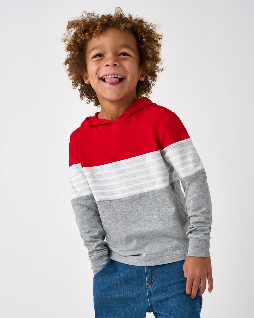 Boy wearing the Candy Red Colorblock Hooded Tee