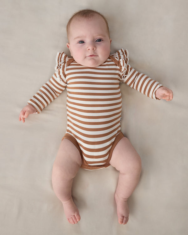 Aerial view of baby wearing the Chestnut Brown Stripe Flutter Bodysuit