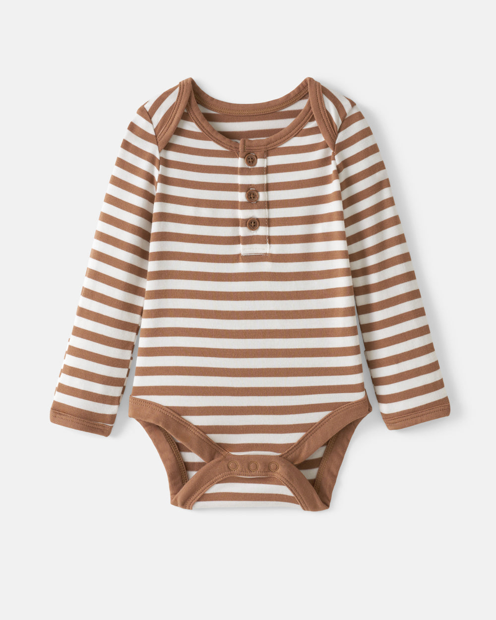 Flat lay of the Chestnut Brown Stripe Henley Bodysuit