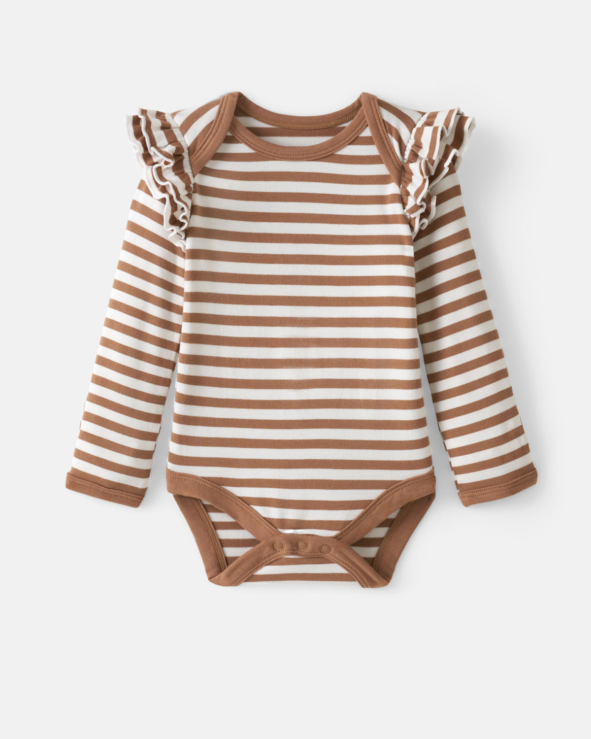 Flat lay of the Chestnut Brown Stripe Flutter Bodysuit
