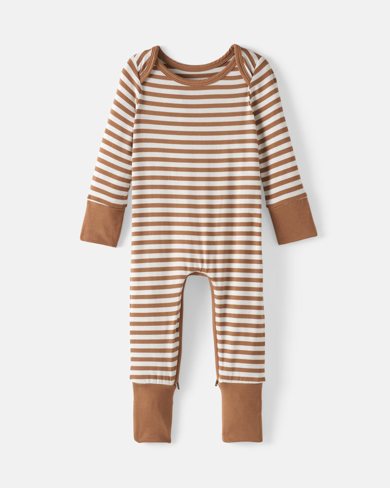 Flat lay of the Chestnut Brown Stripe Crescent Zippy
