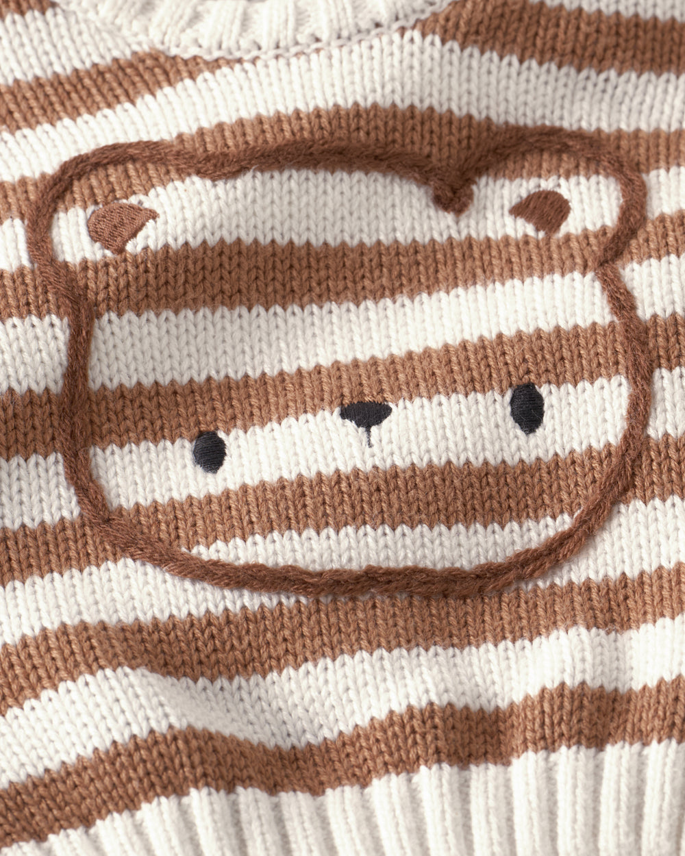 Close up of the bear detail on the Chestnut Brown Stripe Bear Sweater