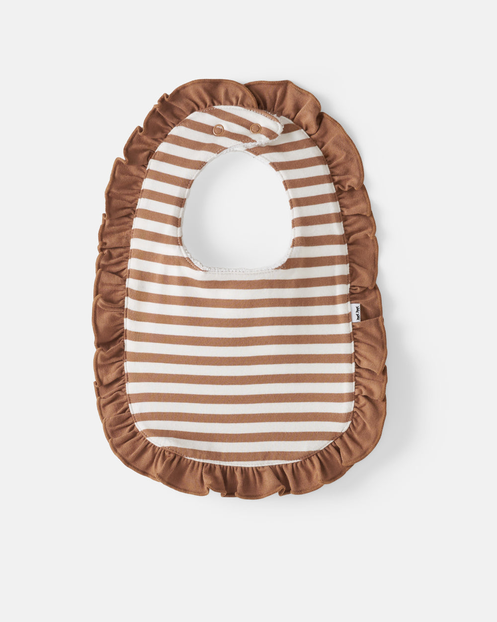 Flay lay of the Chestnut Brown Stripe Ruffle Bib