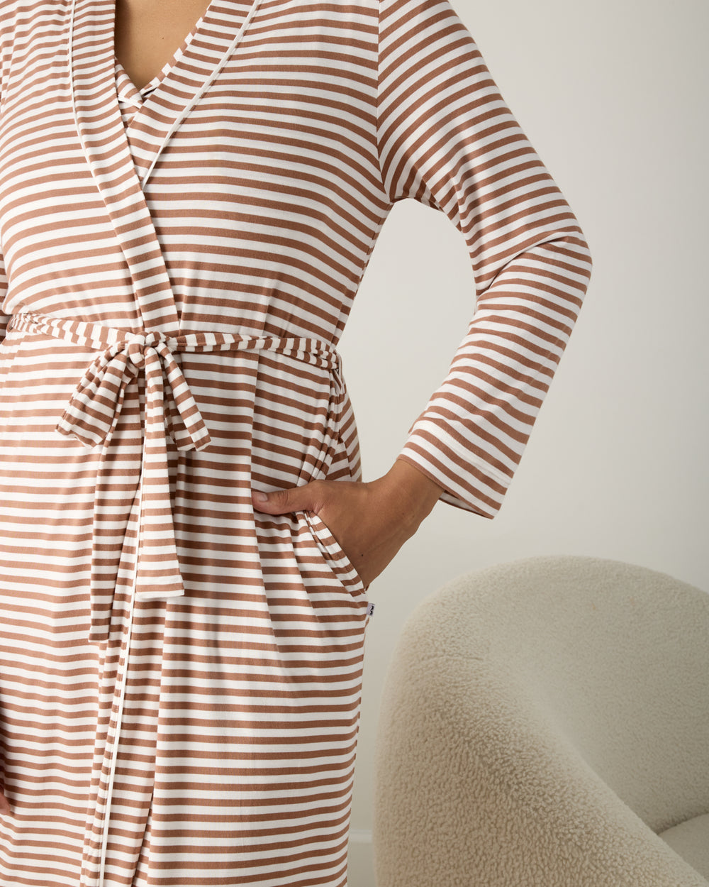 Close up of the pocket detail on the Chestnut Brown Stripe Women's Robe