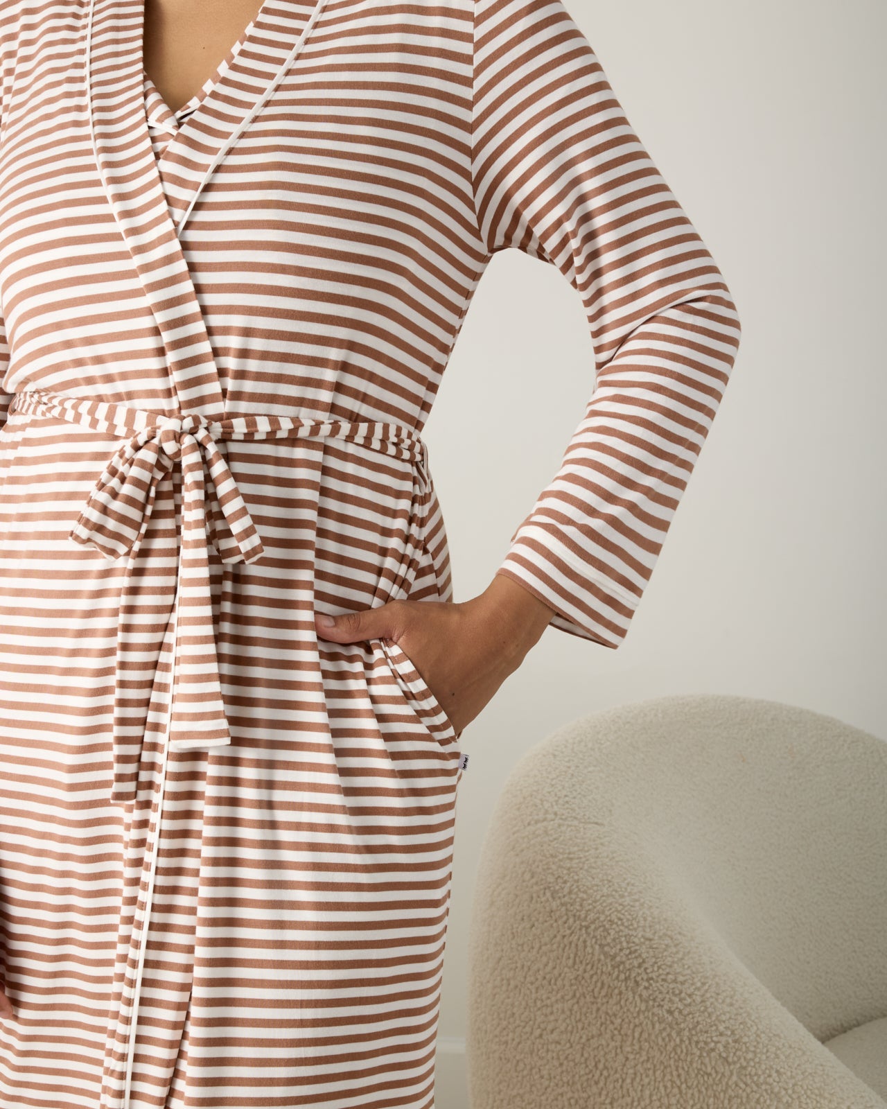 Close up of the pocket detail on the Chestnut Brown Stripe Women's Robe