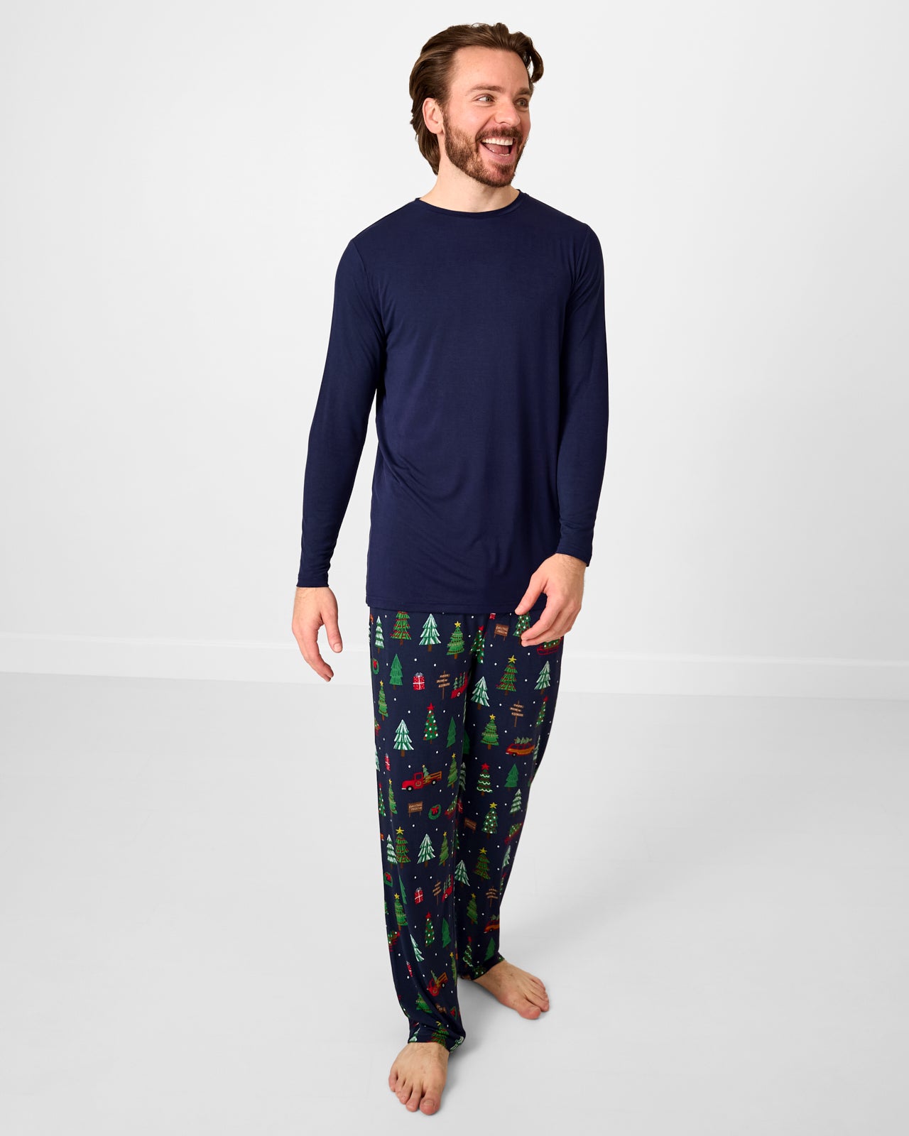 Classic Navy Men's Long Sleeve Pajama Top with holiday themed pajama pants